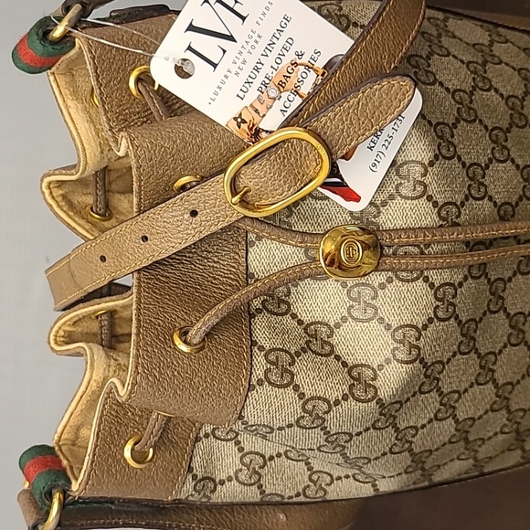 GUCCI ACCESSORIES VINTAGE 70’S WEB SHERRY DRAWSTRING GG SUPREME COATED BUCKETBAG - Picture 5 of 17